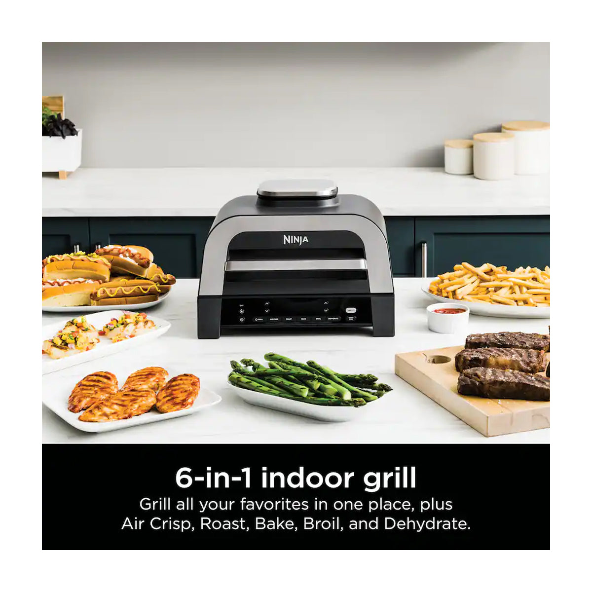 Ninja Foodi Smart XL Parrilla Eléctrica 6-en-1 para Interiores | Cyclonic Grilling | Freidora de Aire | Smoke Control | 1760W | Gris