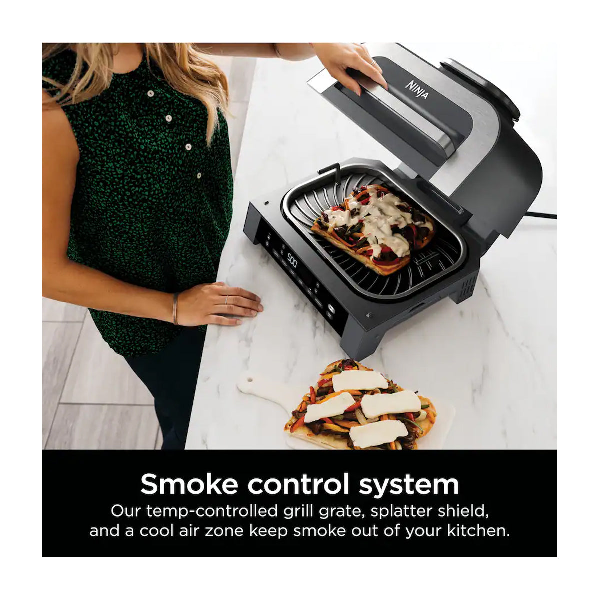 Ninja Foodi Smart XL Parrilla Eléctrica 6-en-1 para Interiores | Cyclonic Grilling | Freidora de Aire | Smoke Control | 1760W | Gris