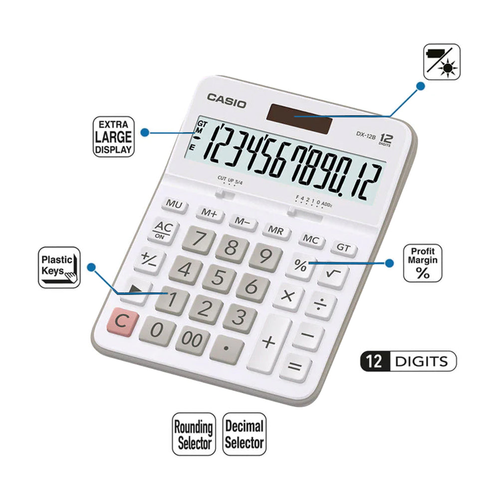 Casio Calculadora de 12 Digitos | Portátil | Batería Solar | Blanco