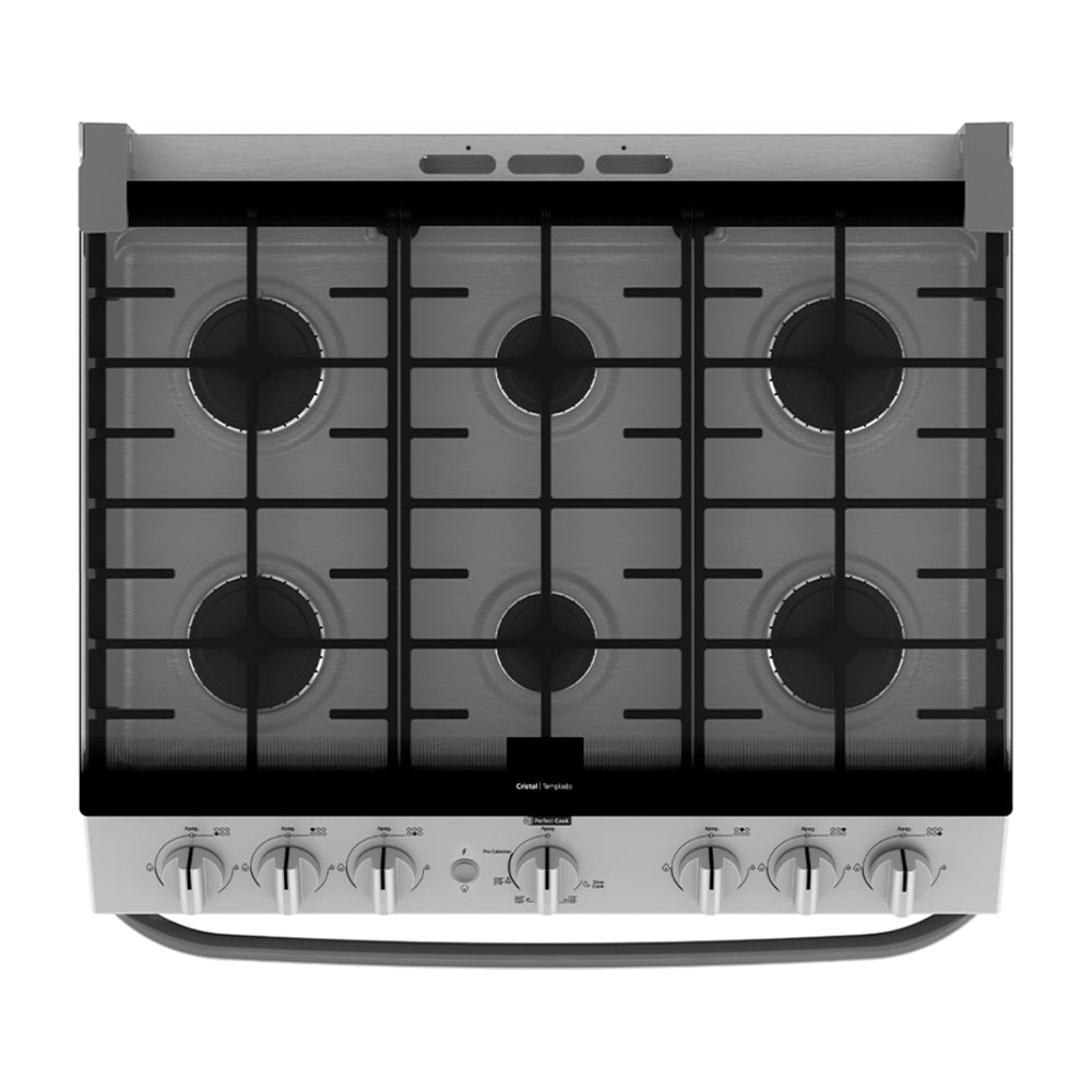 Mabe Estufa a Gas de Acero Inoxidable | Tecnología Ultimate | Perfect Cook | Easy Clean Pro | Tapa | Plancha | 30" | 6 Quemadores
