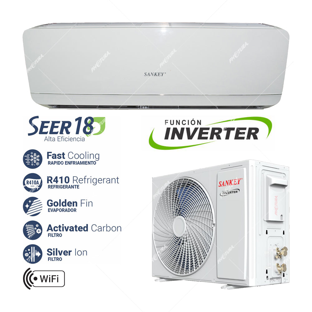 Sankey Aire Acondicionado Split Inverter 12,000 BTU | SEER 18 | WiFi | Enfriamiento Supremo | Silver Ion | Filtro de Carbon Activo | 220v