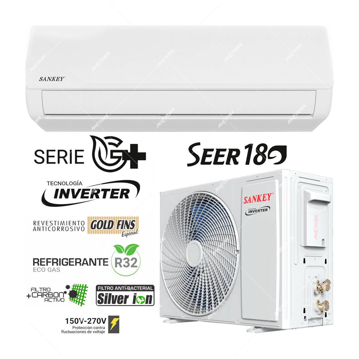 Sankey Aire Acondicionado Split Inverter Serie G+ 12,000 BTU | SEER 18 | Protección de Voltaje | Rápido Enfriamiento | Silver Ion | Filtro de Carbón Activo | 220v