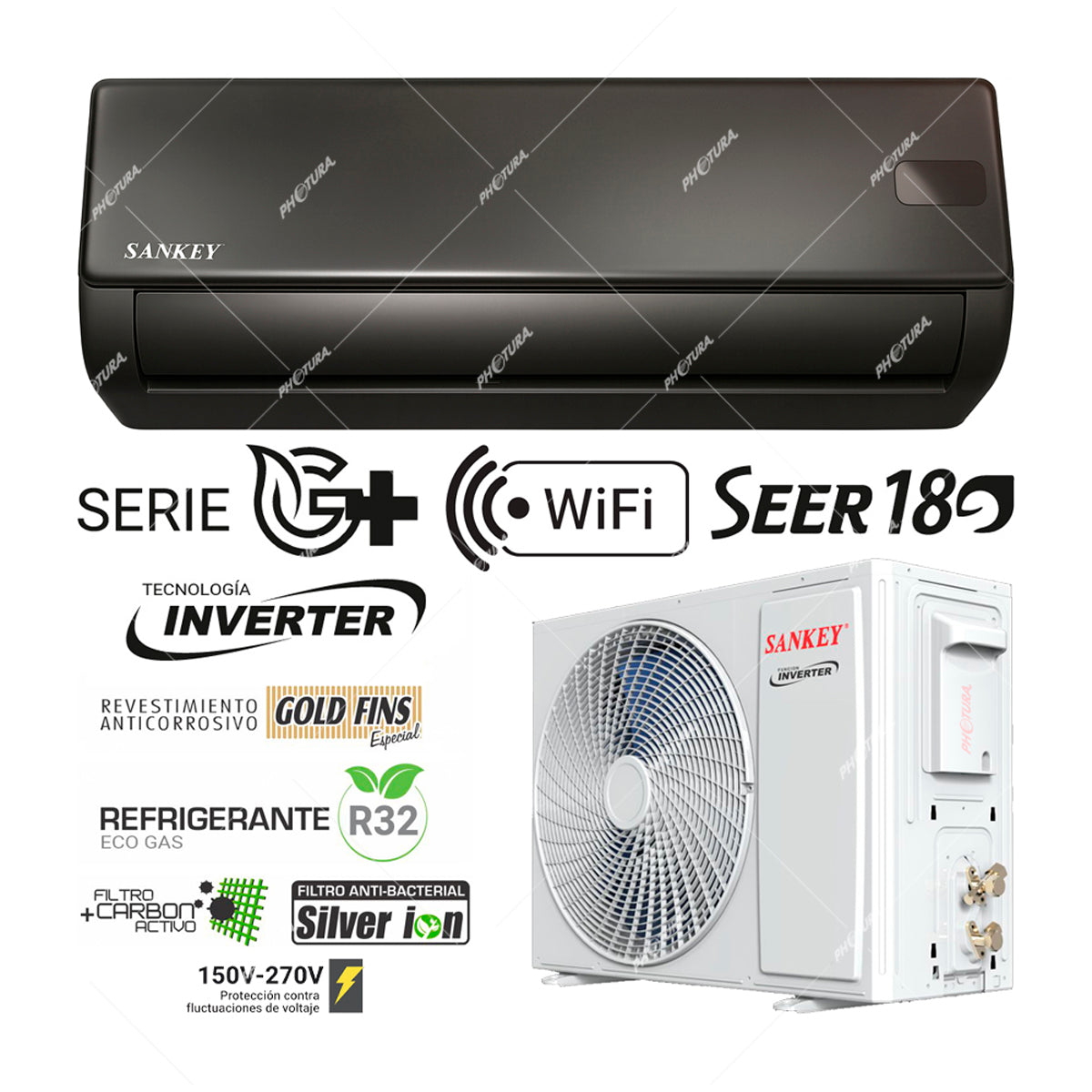 Sankey Aire Acondicionado Split Inverter Serie G+ 12,000 BTU | SEER 18 | Protección de Voltaje | Rápido Enfriamiento | Silver Ion | Filtro de Carbon Activo | 220v | Negro