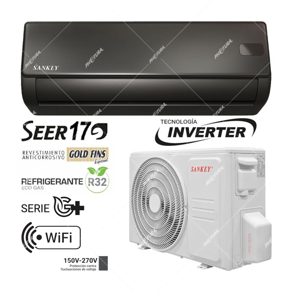 Sankey Aire Acondicionado Split Inverter Serie G+ 12,000 BTU | SEER 17 | WiFi | Protección de Voltaje | Rápido Enfriamiento | Modo ECO+ | 220v | Negro