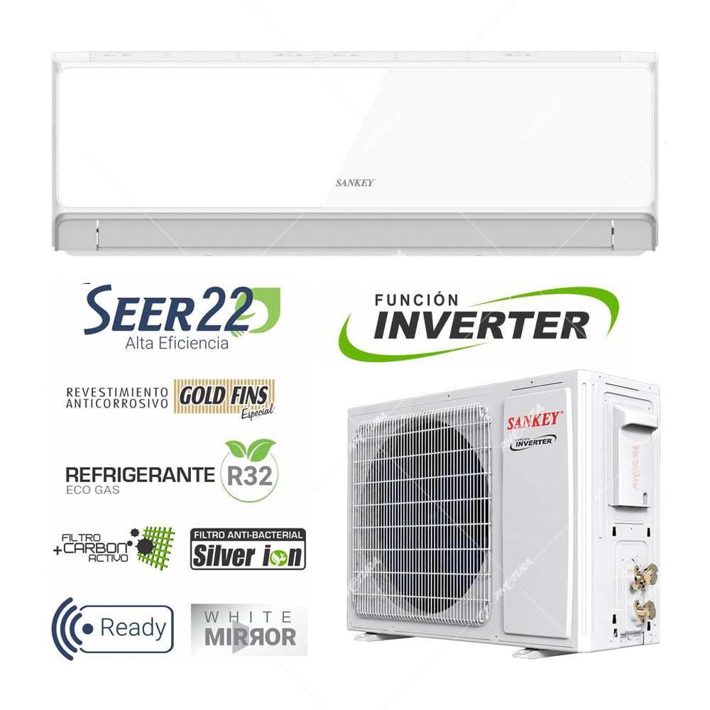 Sankey Aire Acondicionado Split Inverter 17,000 BTU | SEER 22 | WiFi | Alta Eficiencia | Enfriamiento Supremo | Silver Ion | Filtro de Carbon Activo | 220v | White Mirror