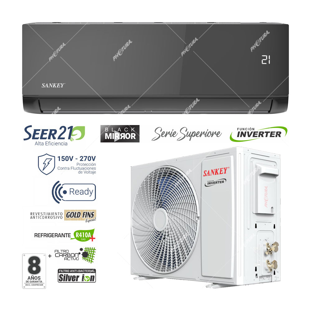 Sankey Aire Acondicionado Split Inverter Serie Superiore 17,500 BTU | SEER 21 | Alta Eficiencia | Protección de Voltaje | Enfriamiento Supremo | Silver Ion | Filtro de Carbón Activo | 220v | Black Mirror