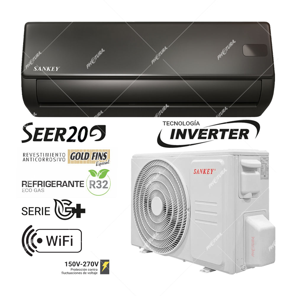 Sankey Aire Acondicionado Split Inverter Serie G+ 22,000 BTU | SEER 20 | WiFi | Alta Eficiencia | Protección de Voltaje | Rápido Enfriamiento | Modo ECO+ | 220v | Negro