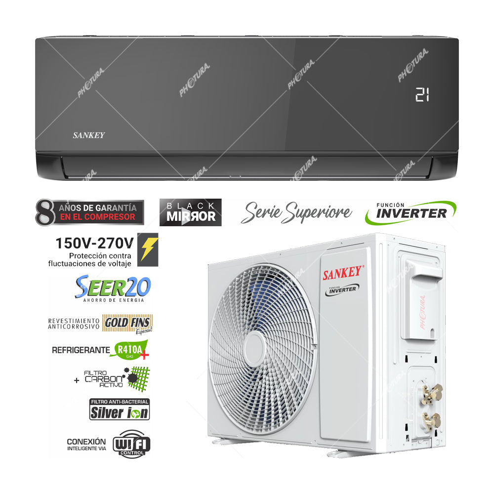 Sankey Aire Acondicionado Split Inverter Serie Superiore 22,000 BTU | SEER 20 | Alta Eficiencia | Protección de Voltaje | Enfriamiento Supremo | Silver Ion | Filtro de Carbón Activo | 220v | Black Mirror