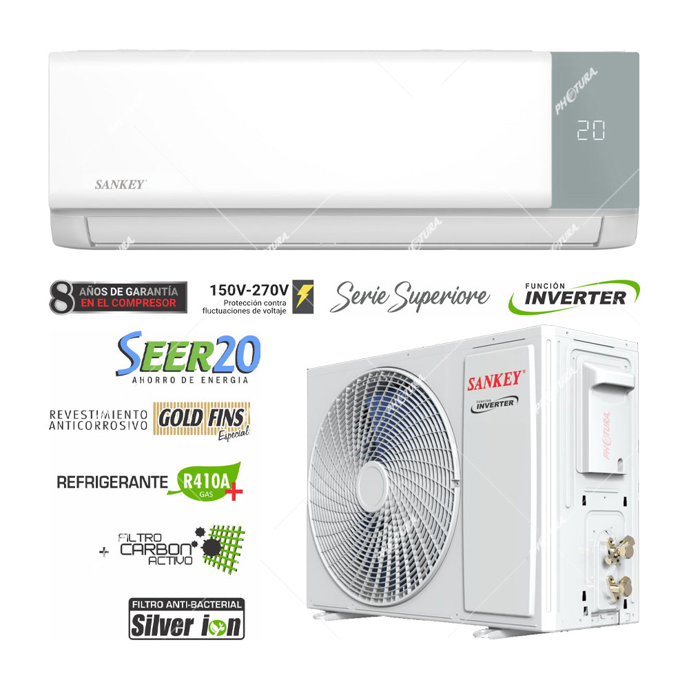 Sankey Aire Acondicionado Split Inverter Serie Superiore 22,000 BTU | SEER 20 | Alta Eficiencia | Protección de Voltaje | Enfriamiento Supremo | Silver Ion | Filtro de Carbón Activo | 220v