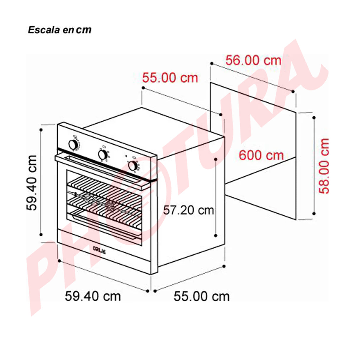 Drija Europa 60 Eléctrico Horno Multifuncional Empotrable Eléctrico | Puerta de Triple Vidrio | 250°C