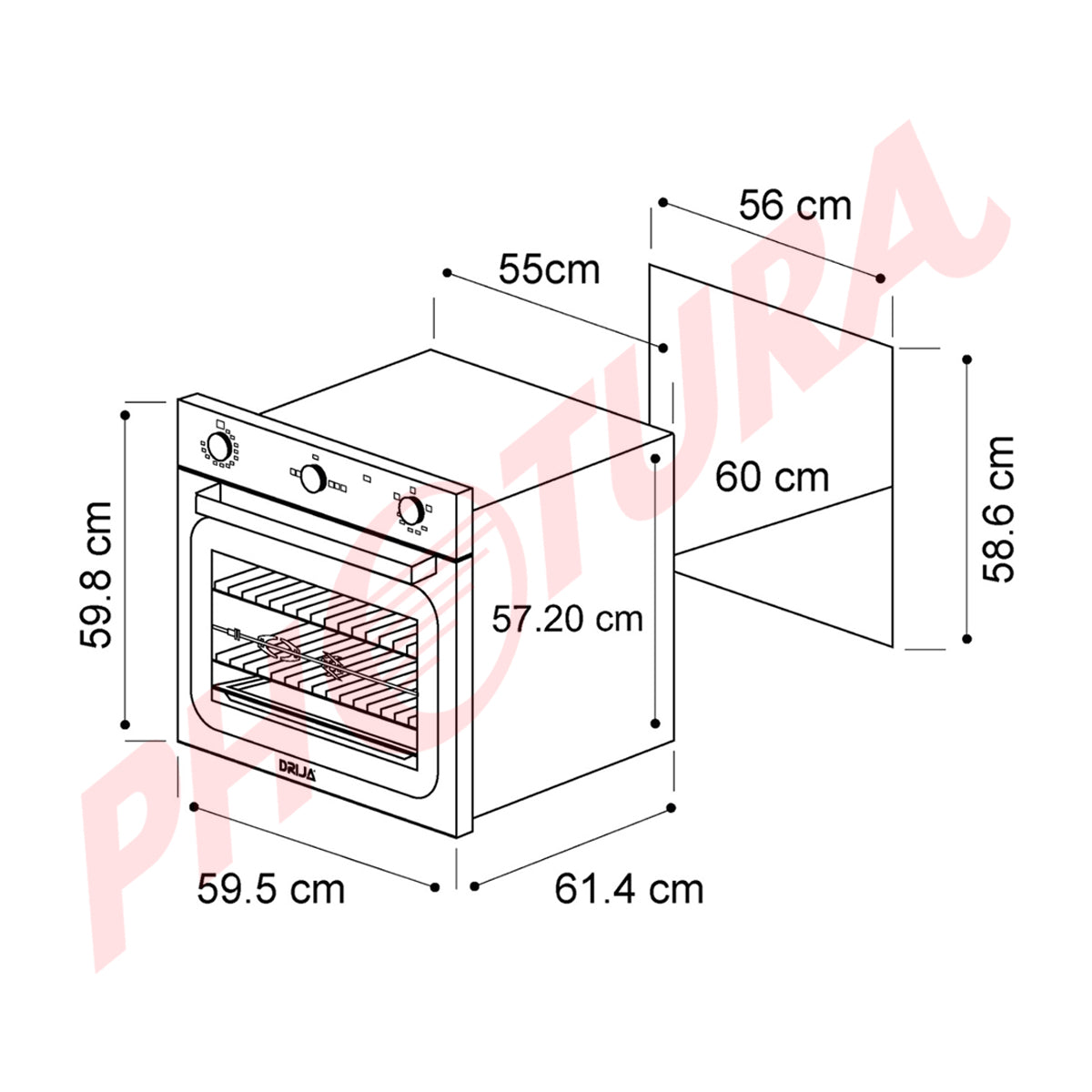DRIJA Europa 60 Gas Grill Air Horno Multifuncional Empotrable a Gas | Puerta de Triple Vidrio | 250°C