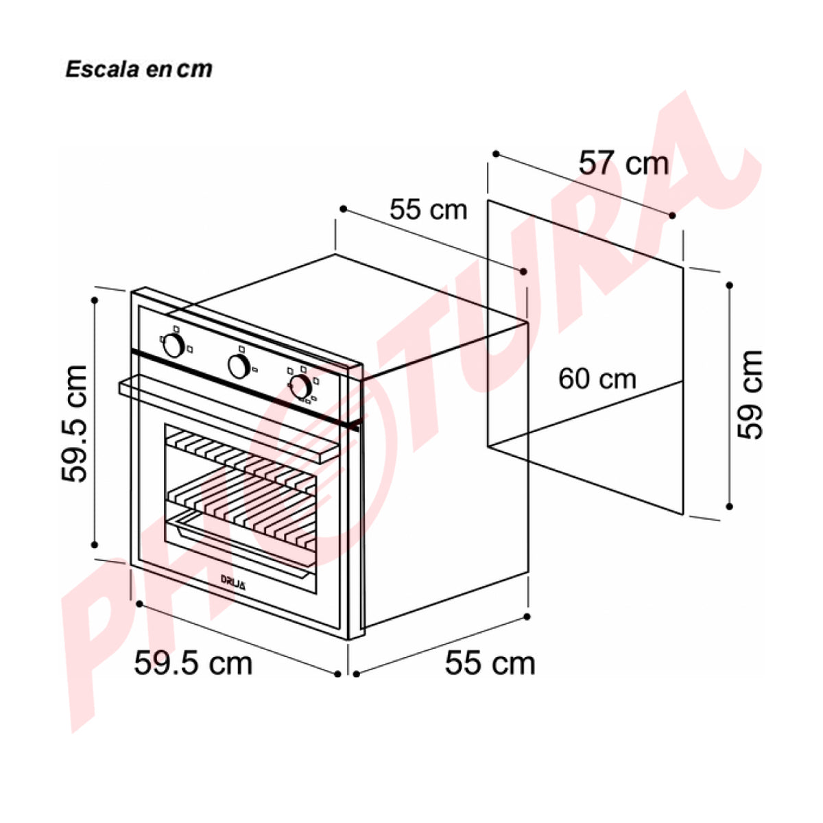 Drija Europa 60 Gas Horno Multifuncional Empotrable a Gas | Puerta de Triple Vidrio | 250°C