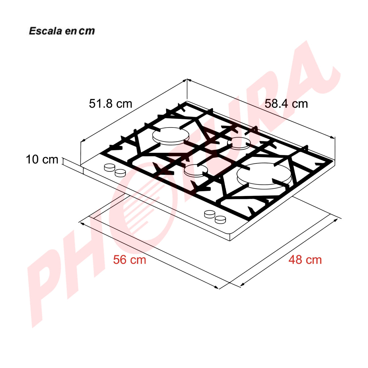 Drija Ferrara 60 Pro Estufa Empotrable a Gas de Vidrio Templado / Acero Inoxidable | 4 Quemadores | 4 Válvulas de Seguridad