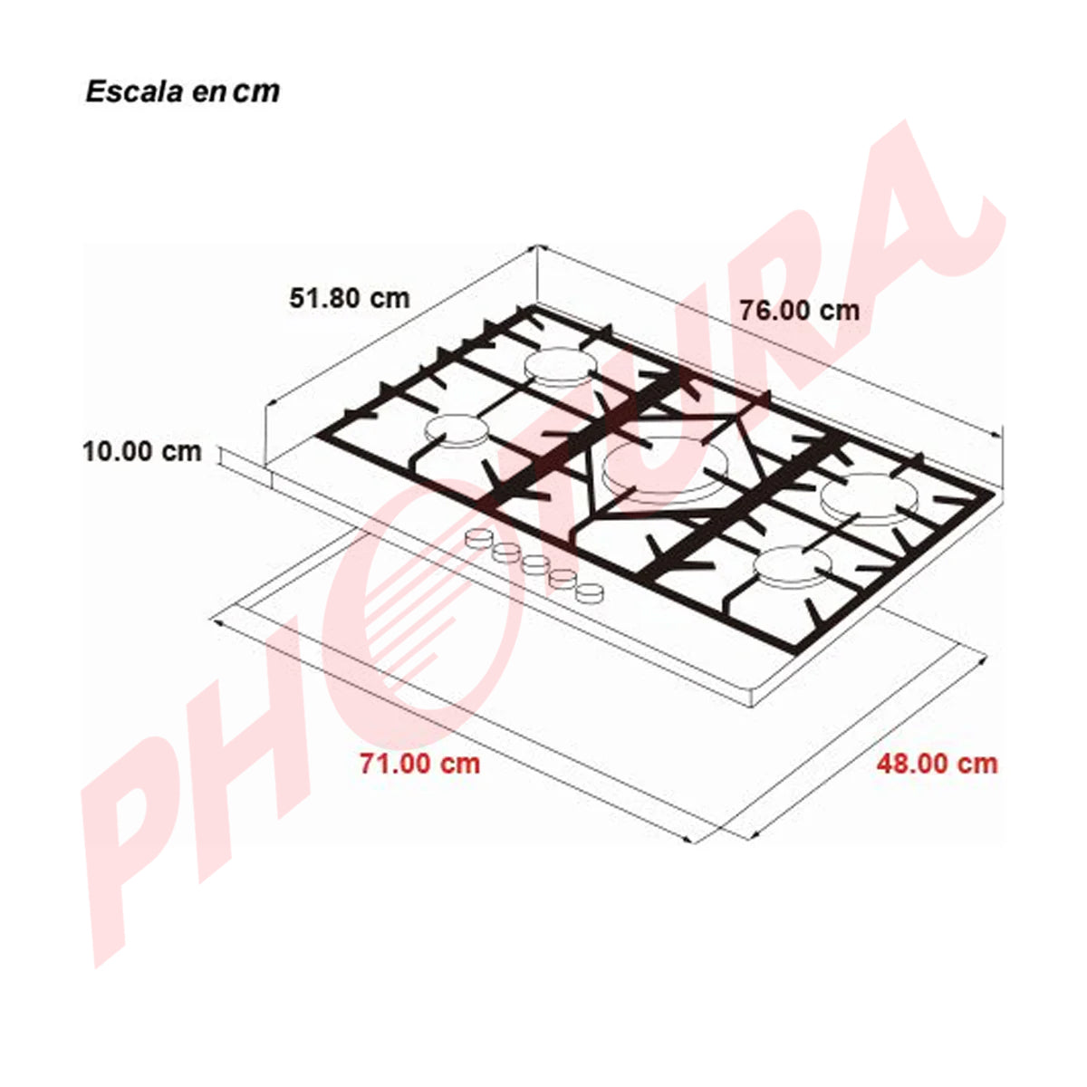 Drija Ferrara 76 Pro Estufa Empotrable a Gas de Vidrio Templado / Acero Inoxidable | 5 Quemadores | 5 Válvulas de Seguridad | Plancha de Hierro Fundido