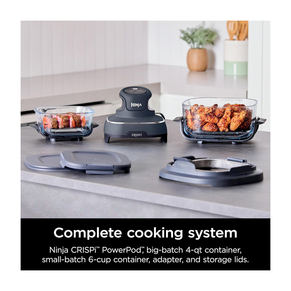 Ninja Crispi Freidora de Aire Portátil De Vidrio 4-en-1 | 4QT | Tecnología PowerPod | Cristalería TempWare | Hornea y Fríe | Azul