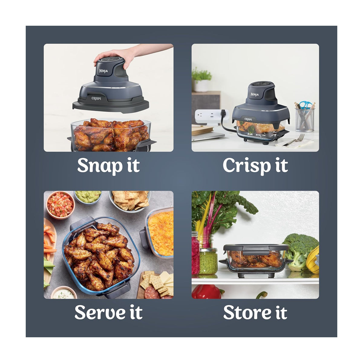 Ninja Crispi Freidora de Aire Portátil De Vidrio 4-en-1 | 4QT | Tecnología PowerPod | Cristalería TempWare | Hornea y Fríe | Azul