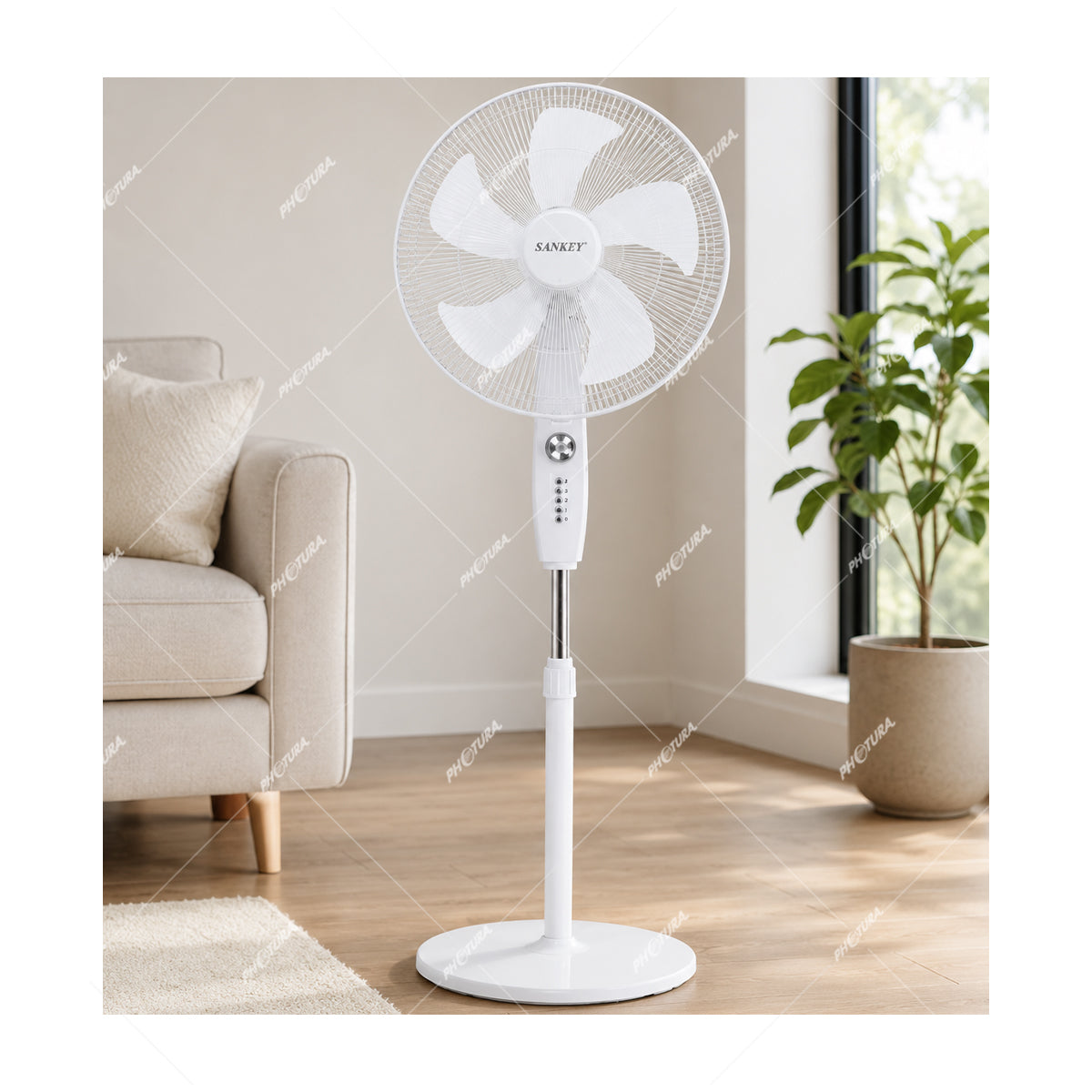 Sankey Abanico de Pedestal de 16" | 4 Velocidades | Temporizador de hasta 60 Minutos | Blanco