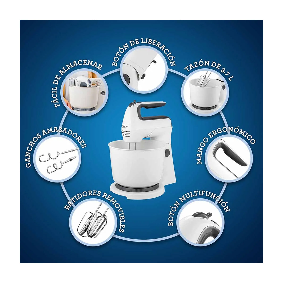 Oster FPSTHS3610 Batidora de Pedestal / Mano de 6 Velocidades | 3.7L | 250W | Blanco