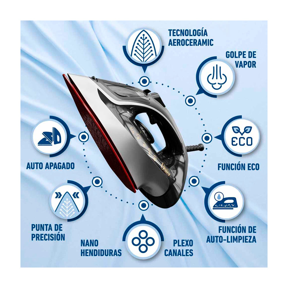 Oster GCSTAC6953 Plancha de Ropa a Vapor | 45% Mas Cobertura | Punta de Precision | Auto Limpieza / Apagado | Aero Ceramic | Sistema Anti-Calcificación | Negro Gris