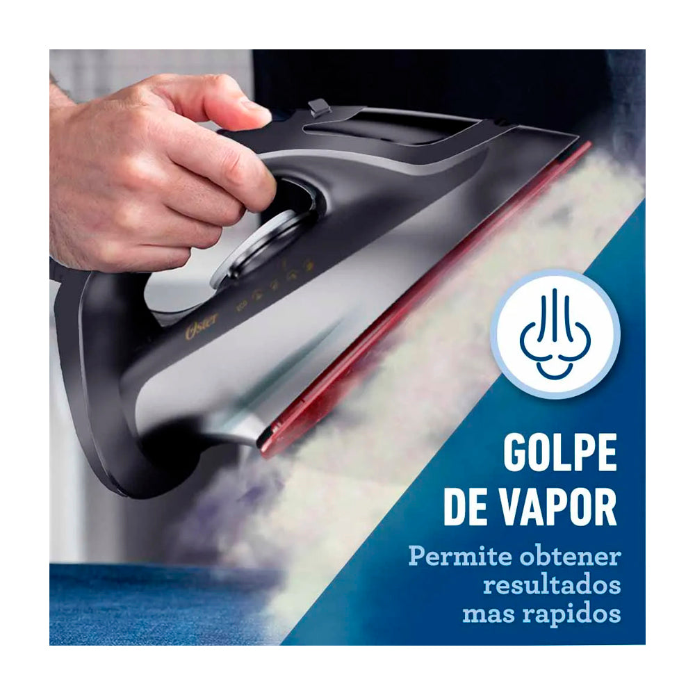 Oster GCSTAC6953 Plancha de Ropa a Vapor | 45% Mas Cobertura | Punta de Precision | Auto Limpieza / Apagado | Aero Ceramic | Sistema Anti-Calcificación | Negro Gris