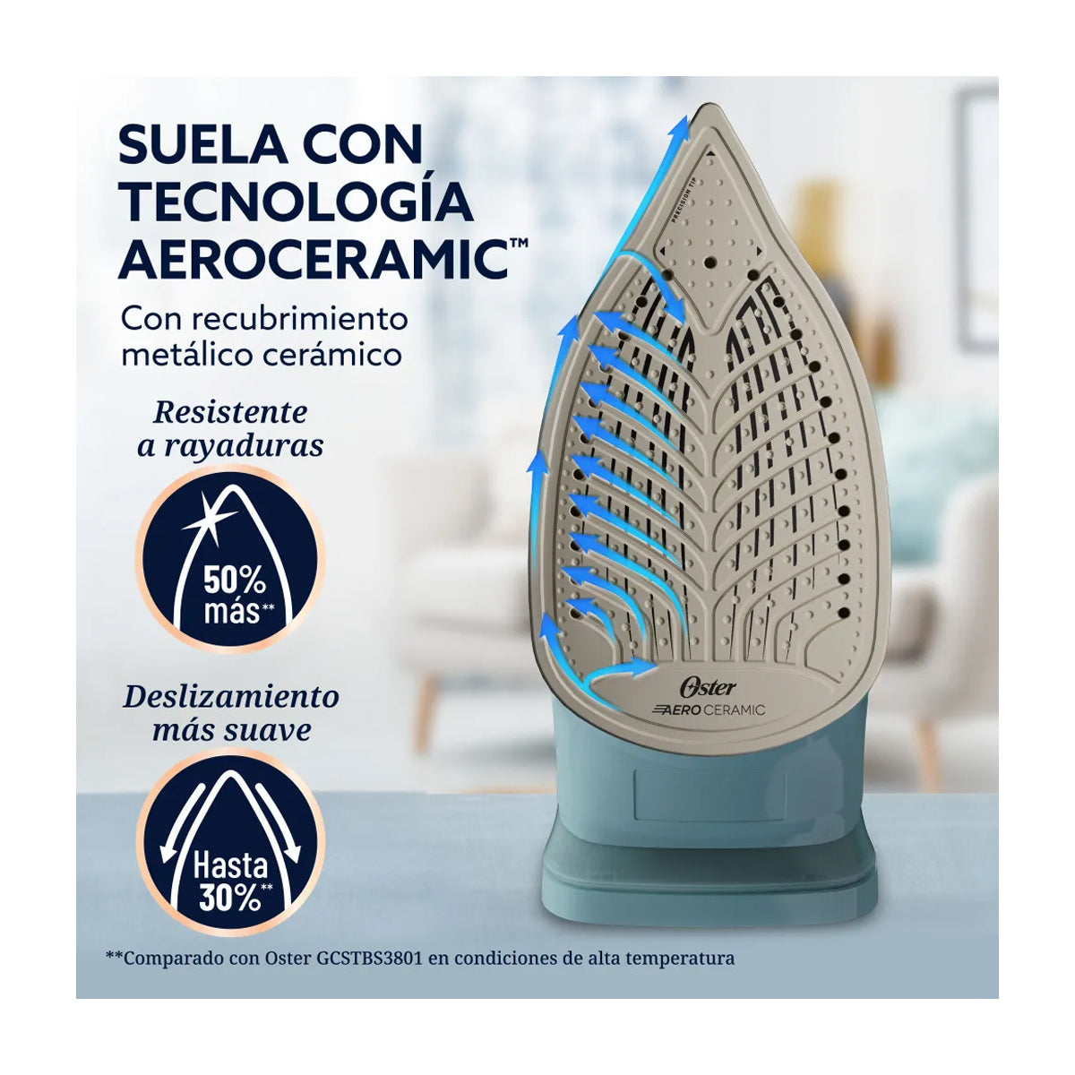 Oster GCSTAC7001 Plancha de Ropa a Vapor | 25% Mas Cobertura | Punta de Precision | Aero Ceramic | Sistema Anti-Calcificación | Verde