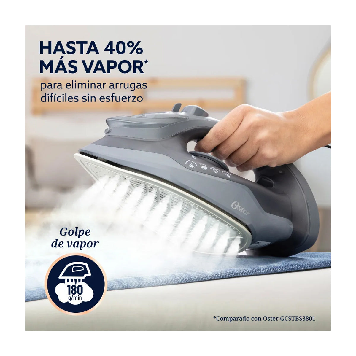 Oster GCSTAC7002 Plancha de Ropa a Vapor | 25% Mas Cobertura | Punta de Precision | Aero Ceramic | Sistema Anti-Calcificación | Negro