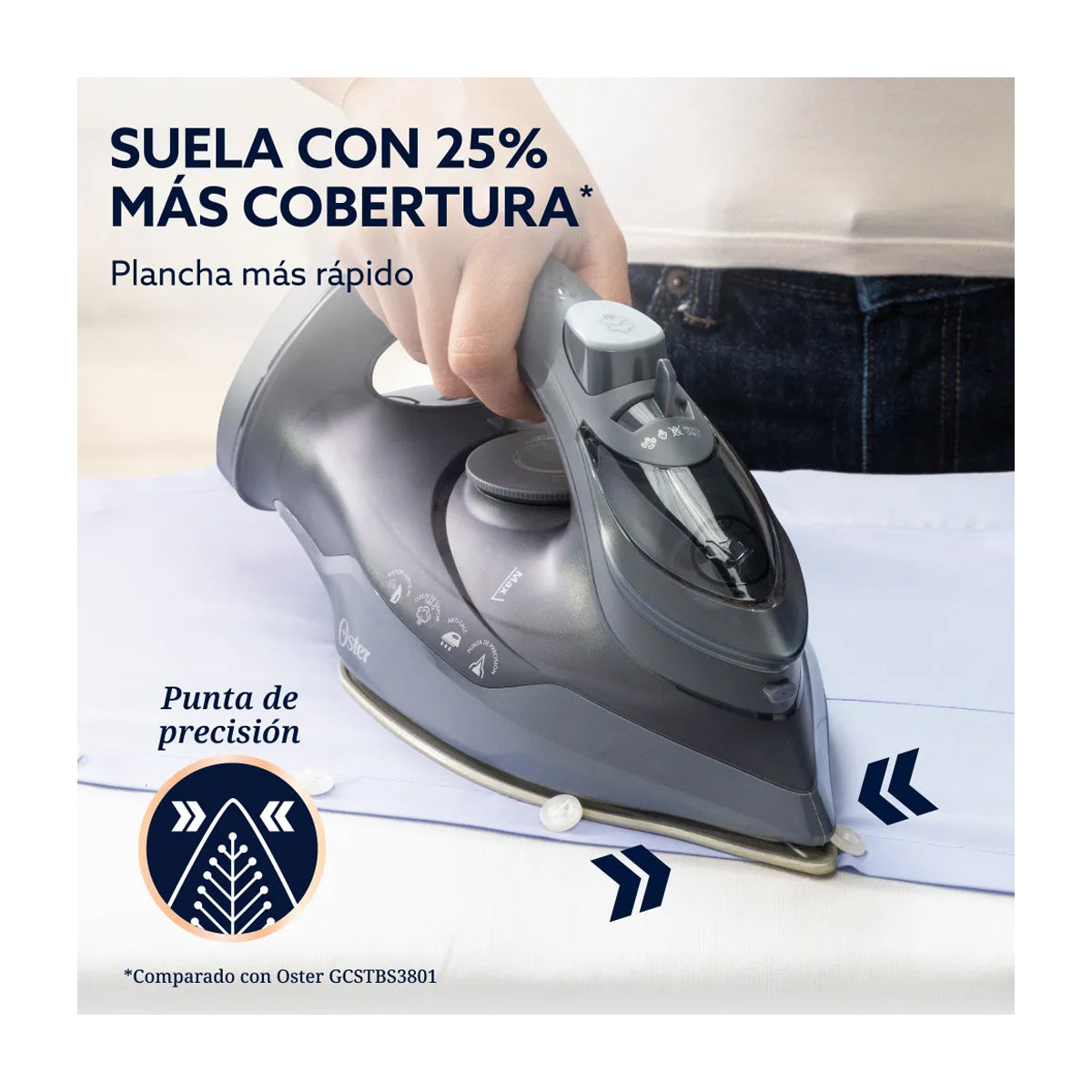Oster GCSTAC7002 Plancha de Ropa a Vapor | 25% Mas Cobertura | Punta de Precision | Aero Ceramic | Sistema Anti-Calcificación | Negro