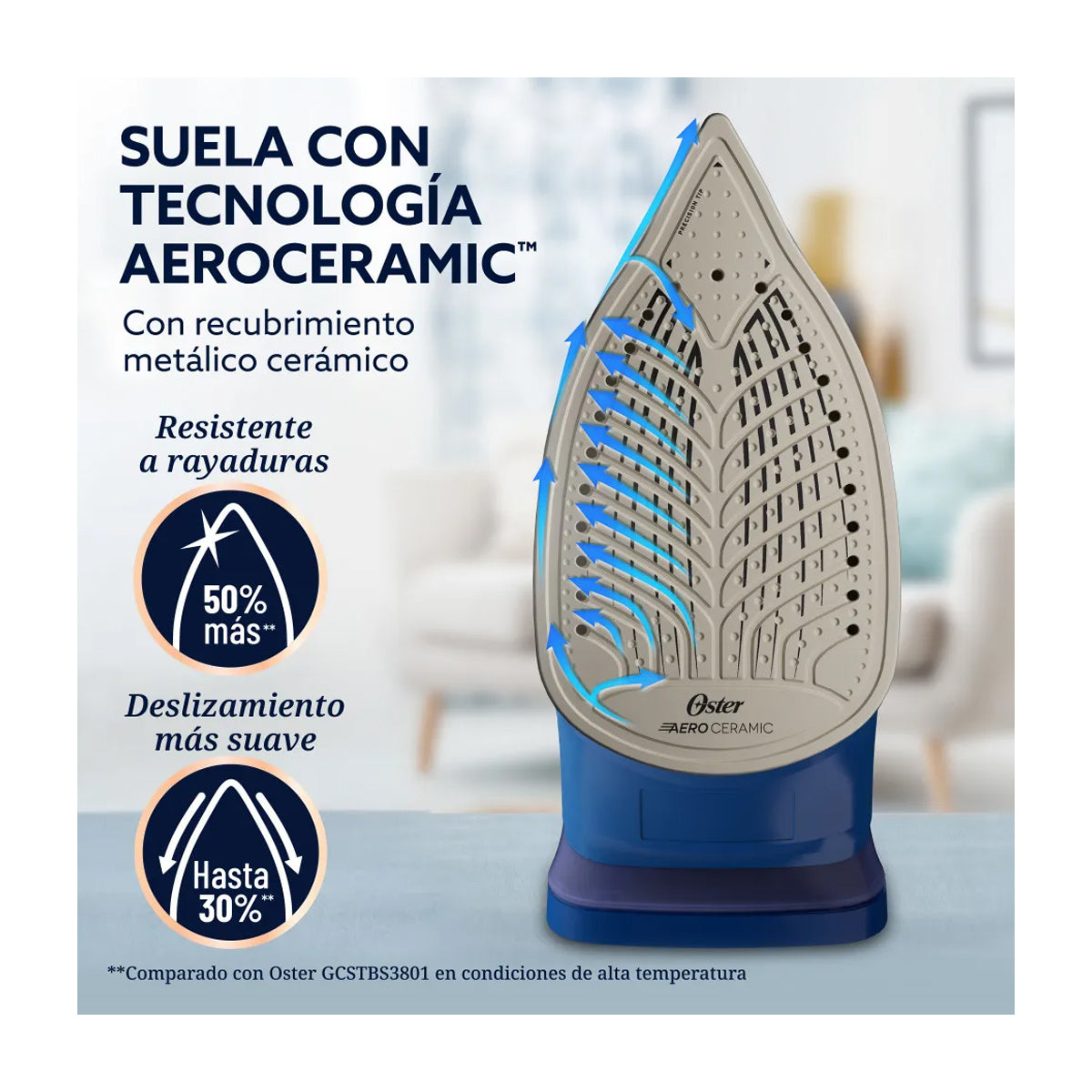 Oster GCSTAC7202 Plancha de Ropa a Vapor | 25% Mas Cobertura | Punta de Precision | Aero Ceramic | Sistema Anti-Calcificación | Azul