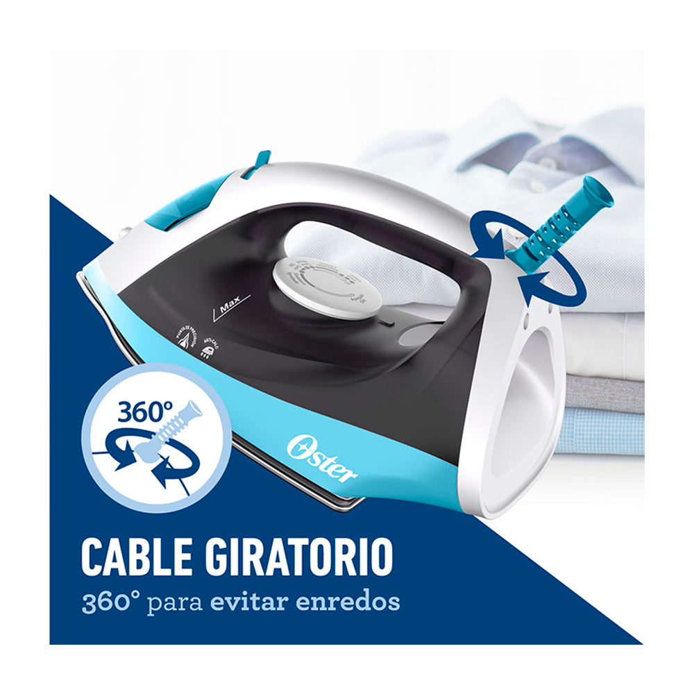 Oster GCSTBS6004 Plancha de Ropa a Vapor | 30% Mas Cobertura | Punta de Precisión | Antiadherente | Sistema Anti-Calcificación | Celeste Blanco