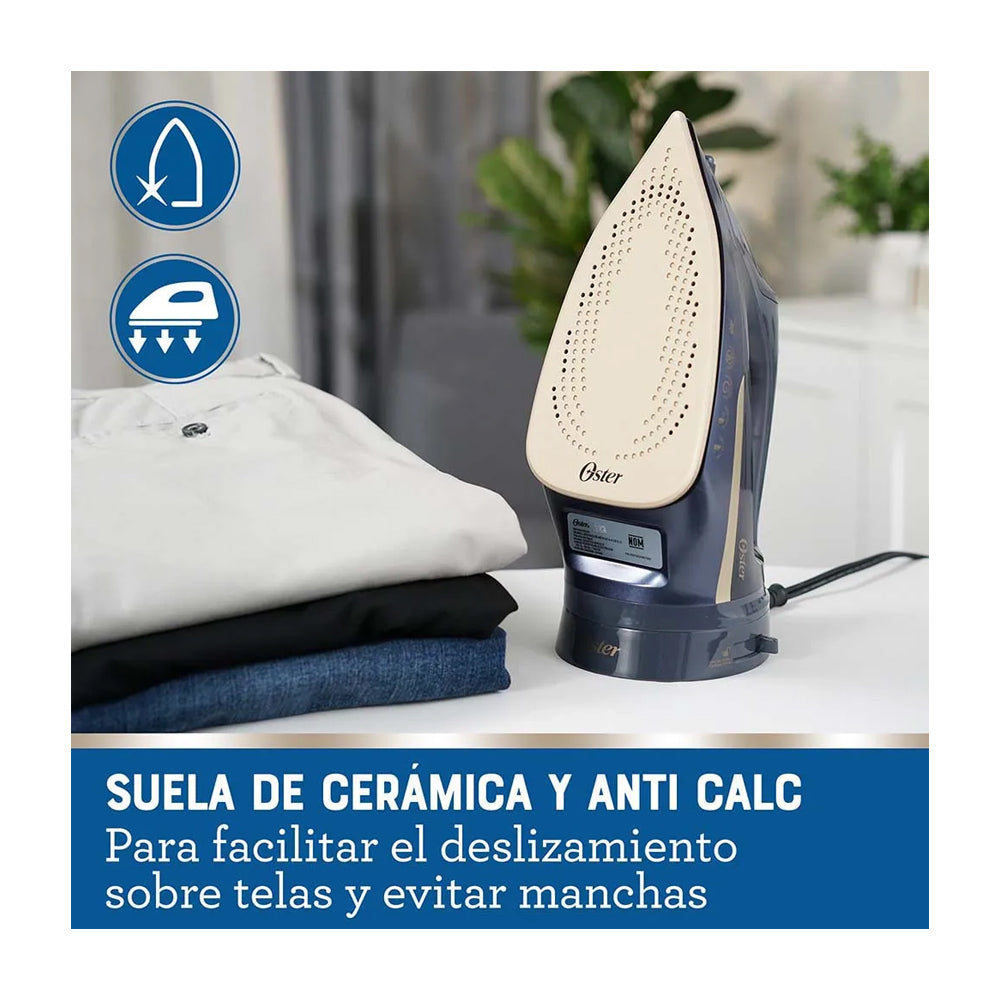 Oster GCSTCC5000 Plancha de Ropa a Vapor | Inalámbrica | 2-en-1 | Auto Limpieza / Apagado | Cerámica | Sistema Anti-Calcificación | Azul Dorado