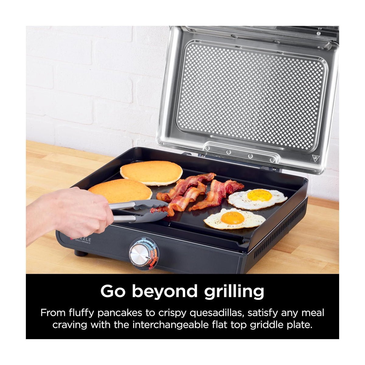 Ninja Sizzle Parrilla Eléctrica 2-en-1 para Interiores | Low Smoke Grill | Antiadherente | Placas Intercambiables | 1450W | Gris