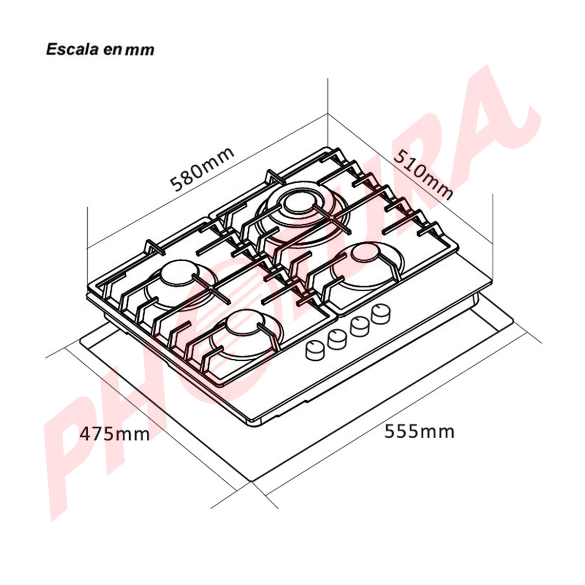 Sankey Estufa Empotrable a Gas de Vidrio Templado | 58cm | 4 Quemadores | Encendido por Pulso