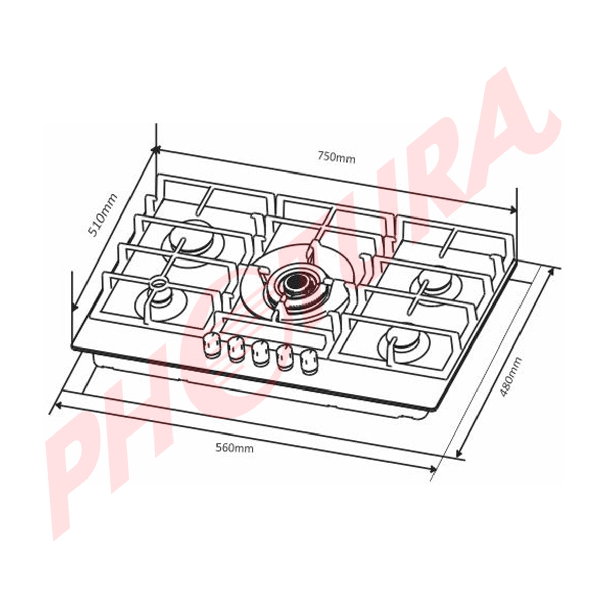 Sankey Estufa Empotrable a Gas de Vidrio Templado | 75cm | 5 Quemadores | Encendido por Pulso