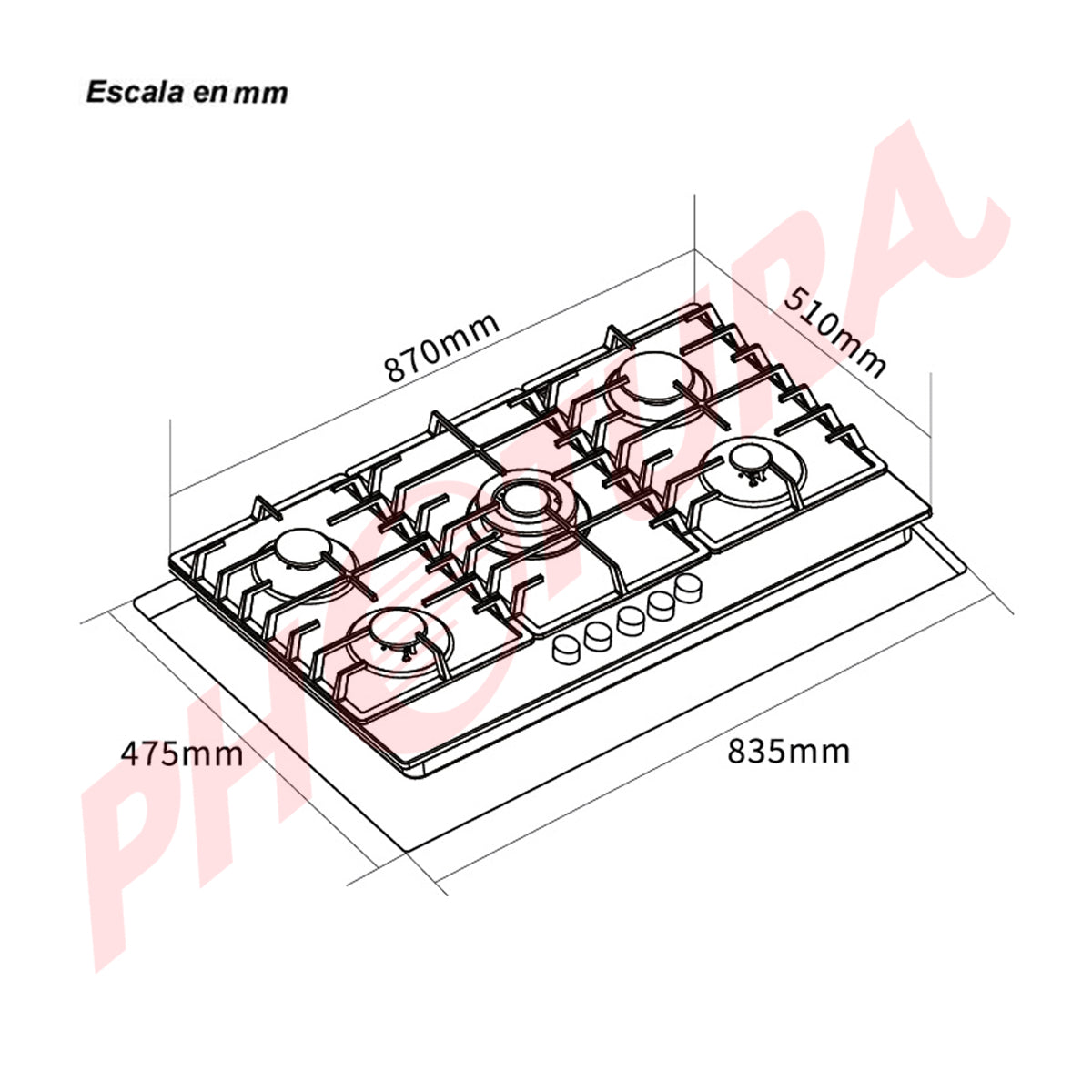 Sankey Estufa Empotrable a Gas de Vidrio Templado | 87cm | 5 Quemadores | Encendido por Pulso