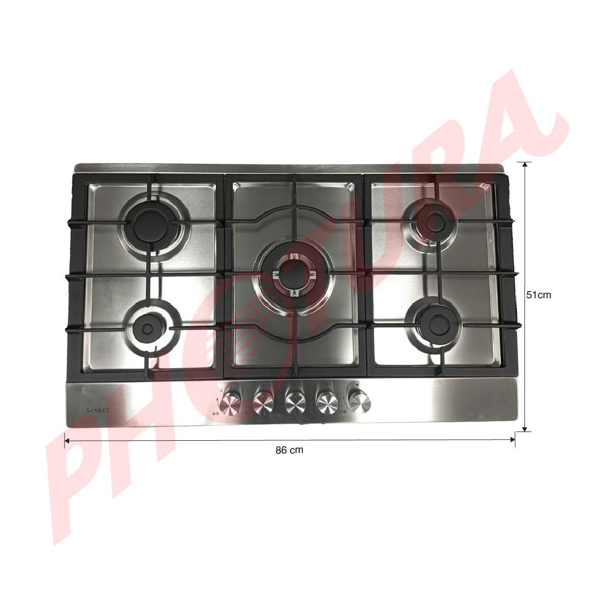 Sankey Estufa Empotrable a Gas de Acero Inoxidable | 86cm | 5 Quemadores | Encendido por Pulso