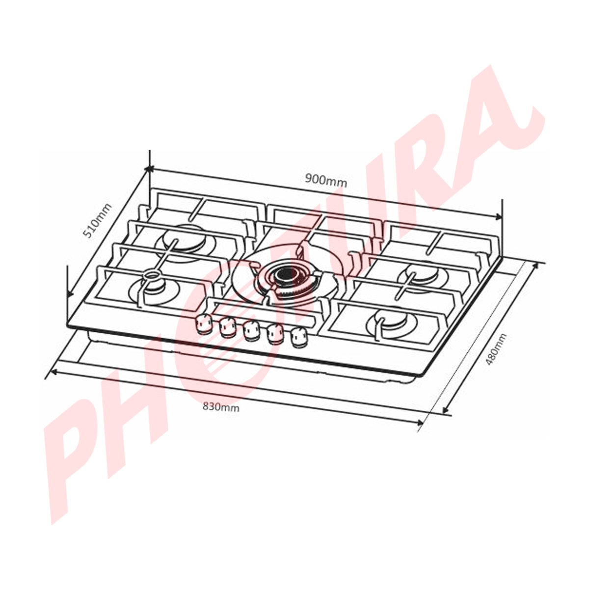 Sankey Estufa Empotrable a Gas de Vidrio Templado | 90cm | 5 Quemadores | Encendido por Pulso