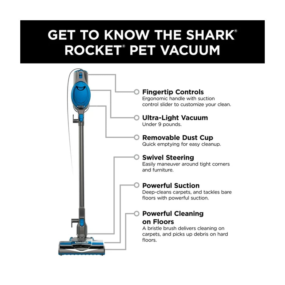 Shark Rocket Pet Aspiradora | Succión Potente | Dirección Giratoria | Ligera | Azul Gris