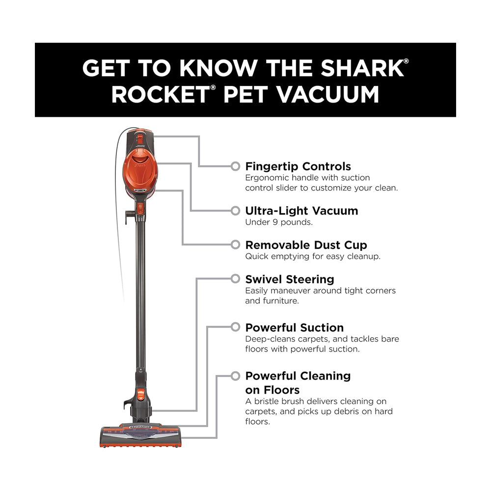 Shark Rocket Pet Aspiradora | Succión Potente | Dirección Giratoria | Ligera | Gris Naranja