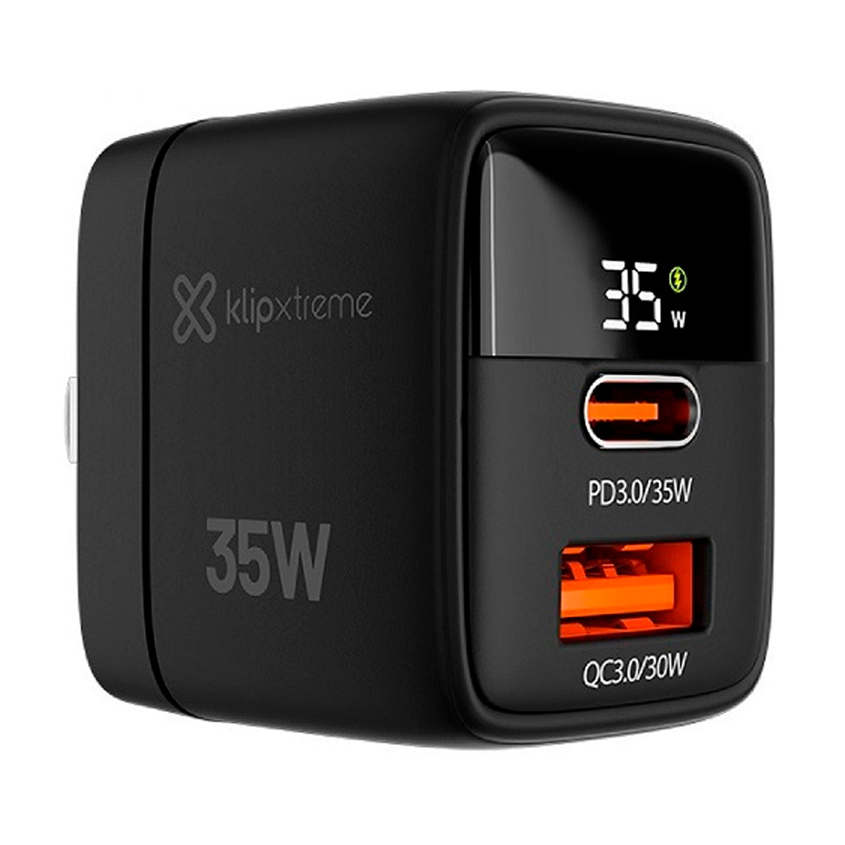 Klip Xtreme Adaptador de Corriente de Pared | 2 puertos | Tecnología GaN | Pantalla LCD | Negro