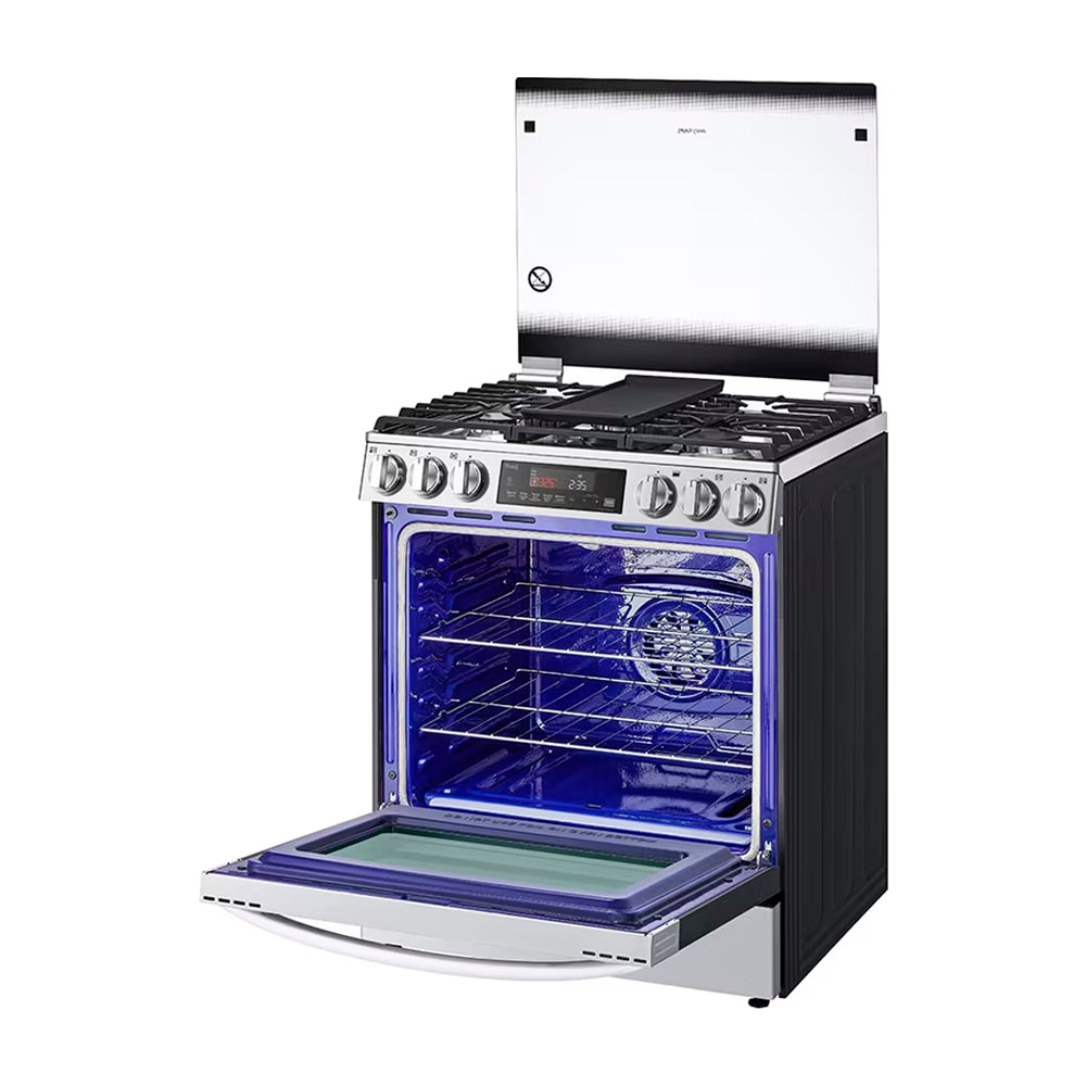 LG Estufa a Gas de Acero Inoxidable | Smart WiFi ThinQ | 5.8p3 | Ultra Heat | Air Fryer | Convección | Panel Digital | Tapa | Plancha | 30" | 5 Quemadores