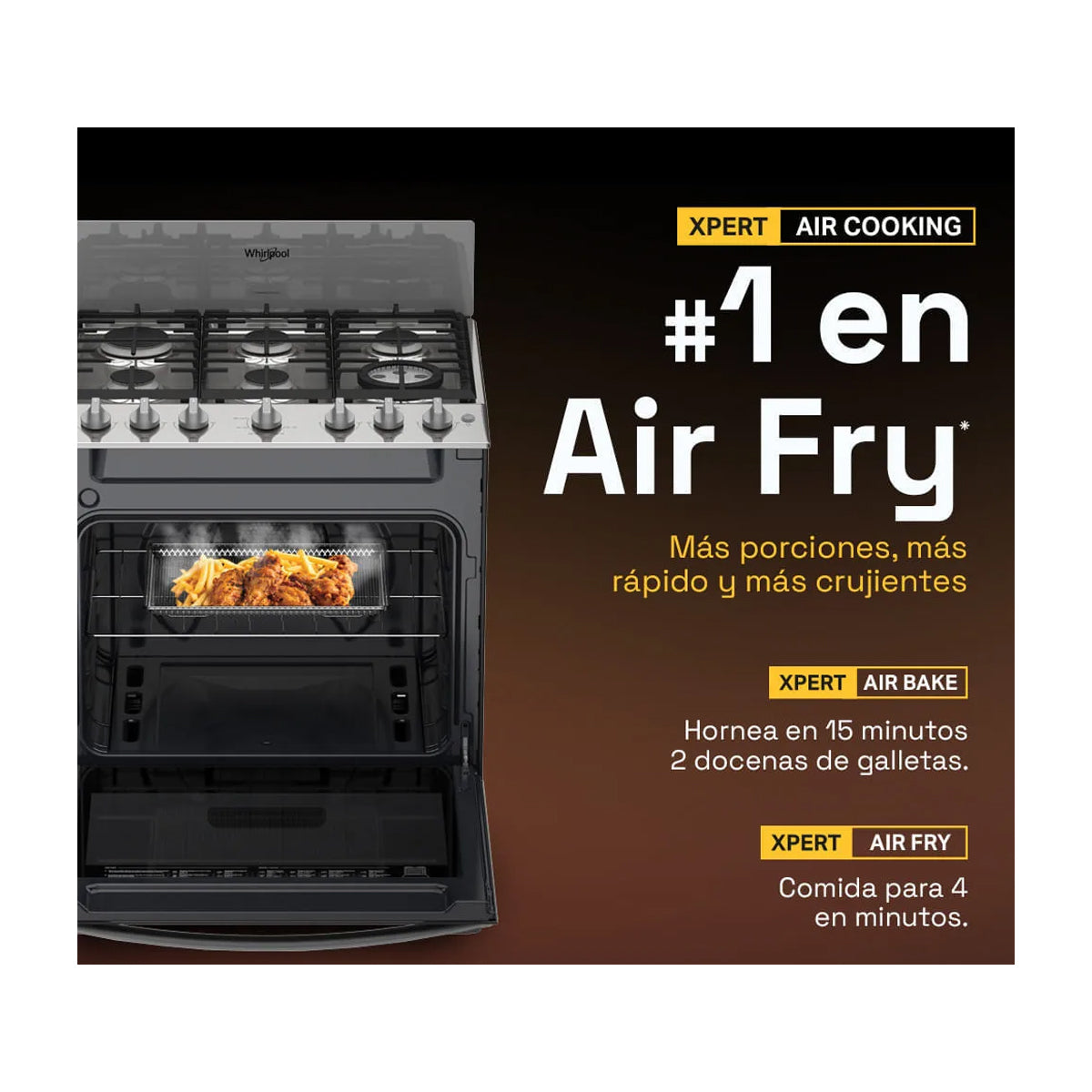 Whirlpool Estufa a Gas de Acero Inoxidable | Convección | Xpert Flamma | Xpert Air Fry | Xpert Air Bake | Tipo Espejo | 30" | 6 Quemadores