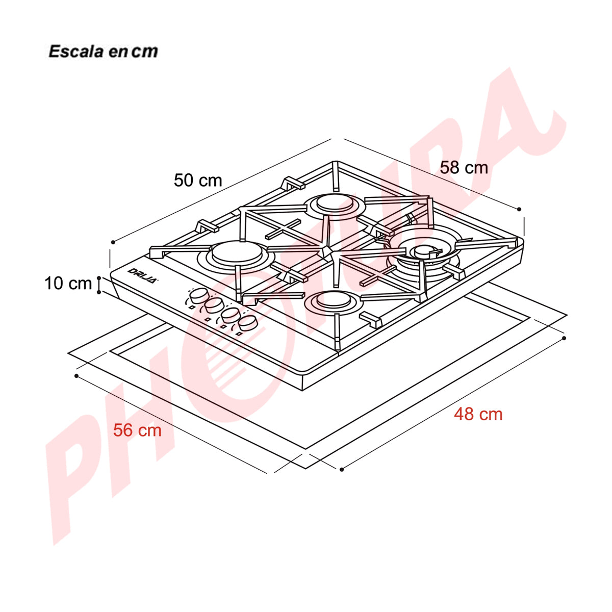 Drija Milan 60 Pro Estufa Empotrable a Gas de Acero Inoxidable | 4 Quemadores | 4 Válvulas de Seguridad