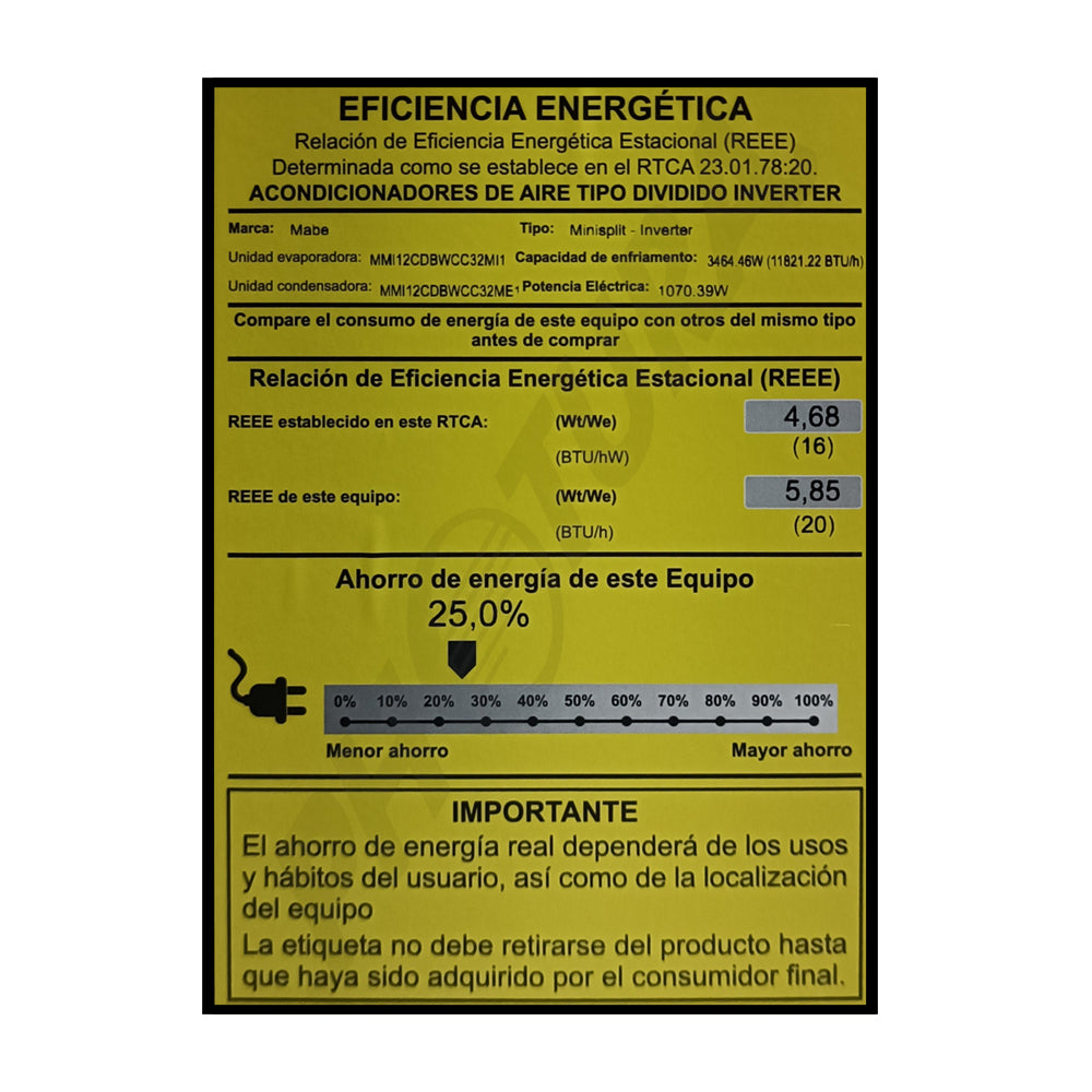 Mabe Aire Acondicionado Split Inverter 11,821 BTU | SEER 20 | Solo Frío | Recubrimiento Pro Shield | Silver Ion | Bio Filtro | 220v