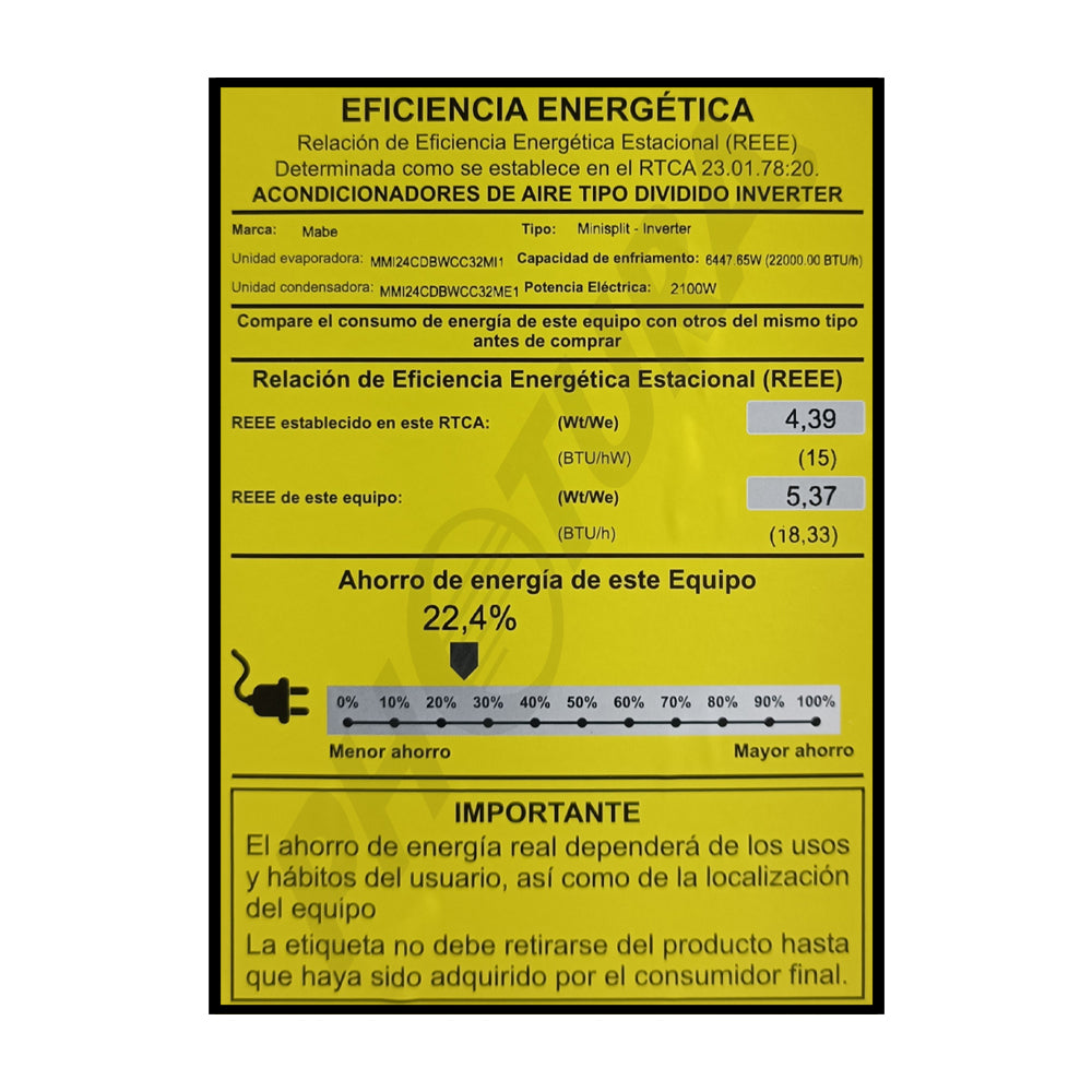 Mabe Aire Acondicionado Split Inverter 22,000 BTU | SEER 18.33 | Solo Frío | Recubrimiento Pro Shield | Silver Ion | Bio Filtro | 220v
