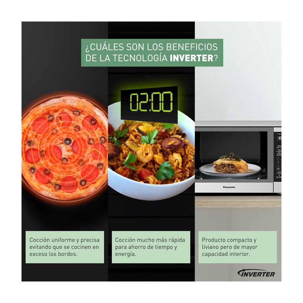 Panasonic Microondas Inverter de 1200W | Cocción por Sensor | 1.6p3 | Plateado