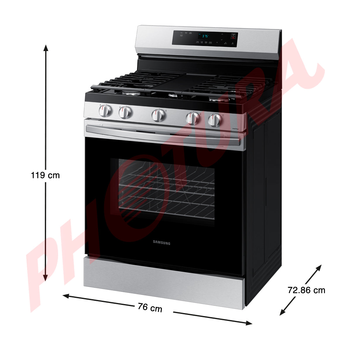 Samsung Estufa a Gas de Acero Inoxidable | WiFi Smart | 6p3 | Hornalla Doble 17.000 BTU | Control de Voz (Alexa y Google) | Panel Digital | Plancha | 30" | 5 Quemadores