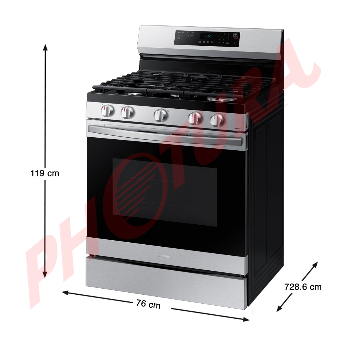 Samsung Estufa a Gas de Acero Inoxidable | WiFi Smart | 6p3 | Air Fryer | Convección | Control de Voz (Alexa y Google) | Panel Digital | Plancha | 30" | 5 Quemadores