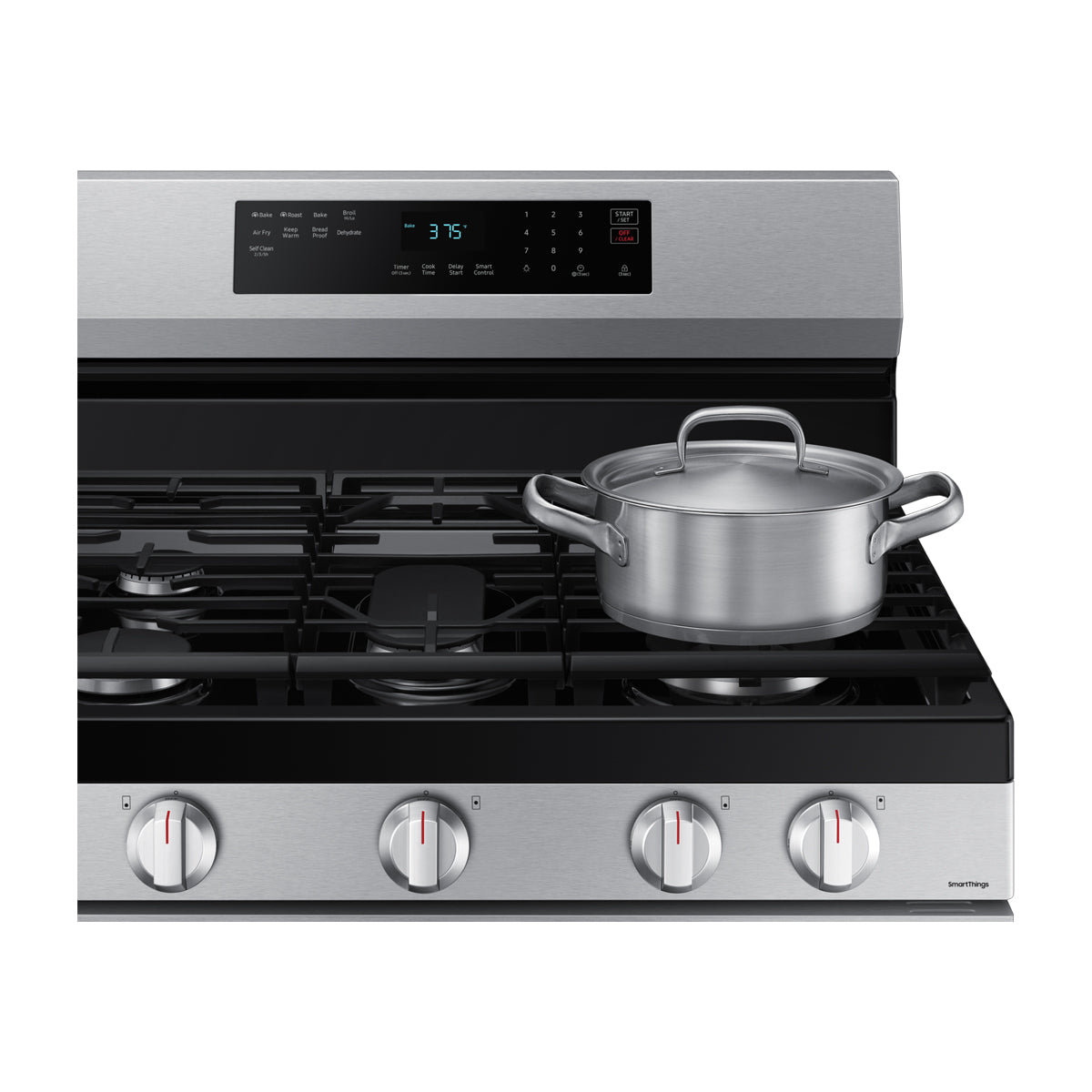 Samsung Estufa a Gas de Acero Inoxidable | WiFi Smart | 6p3 | Air Fryer | Convección | Control de Voz (Alexa y Google) | Panel Digital | Plancha | 30" | 5 Quemadores