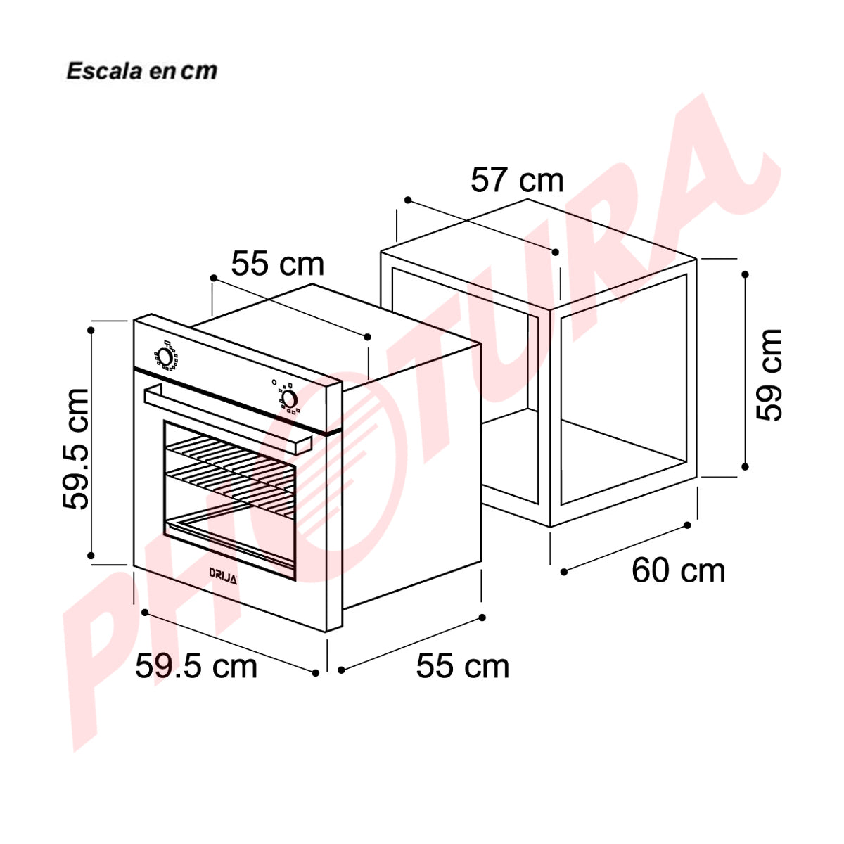 Drija Oceania 60 Black Gas Horno Multifuncional Empotrable a Gas | Puerta de Doble Vidrio | 250°C