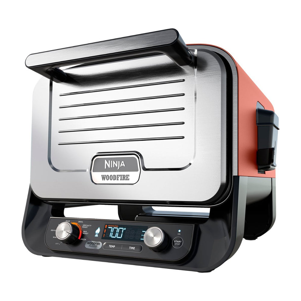 Ninja Woodfire Horno Eléctrico 8-en-1 para Exteriores | Woodfire Technology | Ahumador BBQ | Hornear y Asar | 1760W | Rojo